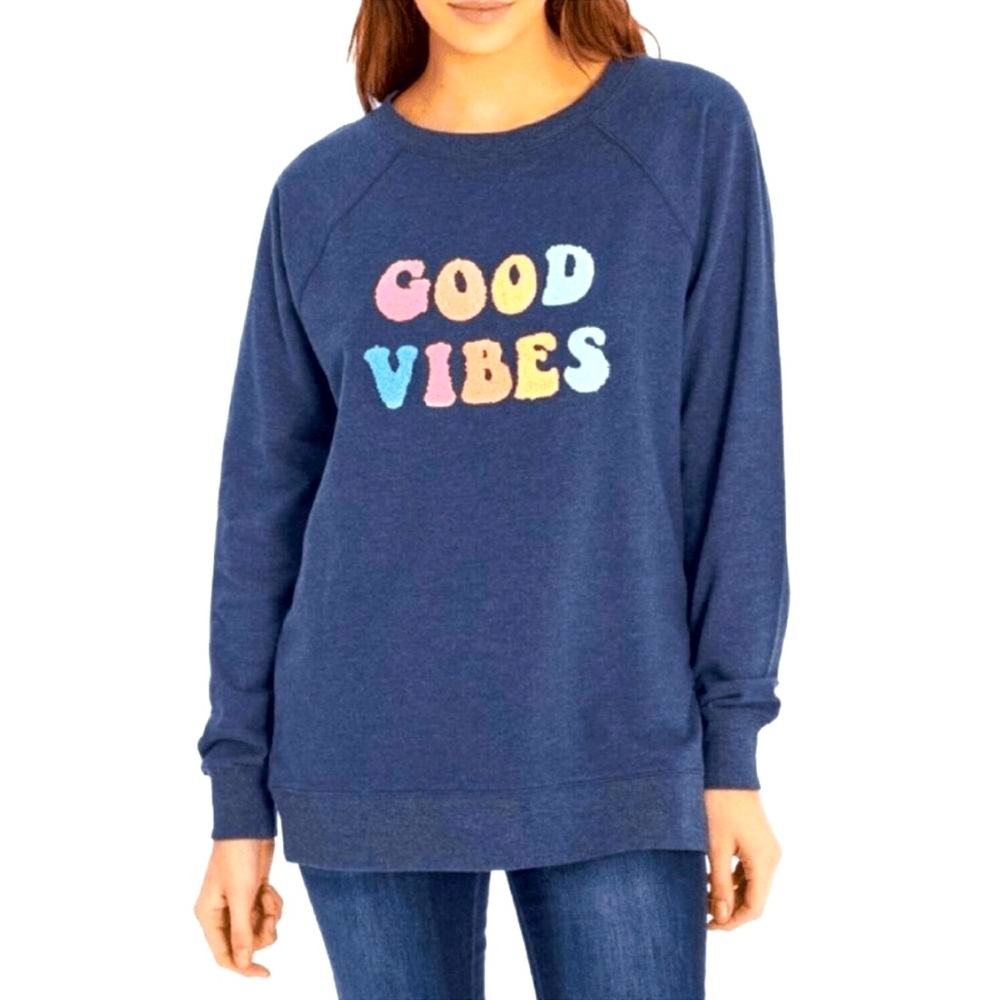 Good Vibes Retro Crew Neck Lightweight Comfy Navy Statement Sweatshirt